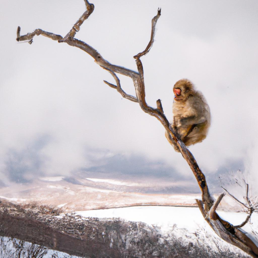 Snow monkey climbing a tree branch in Hokkaido