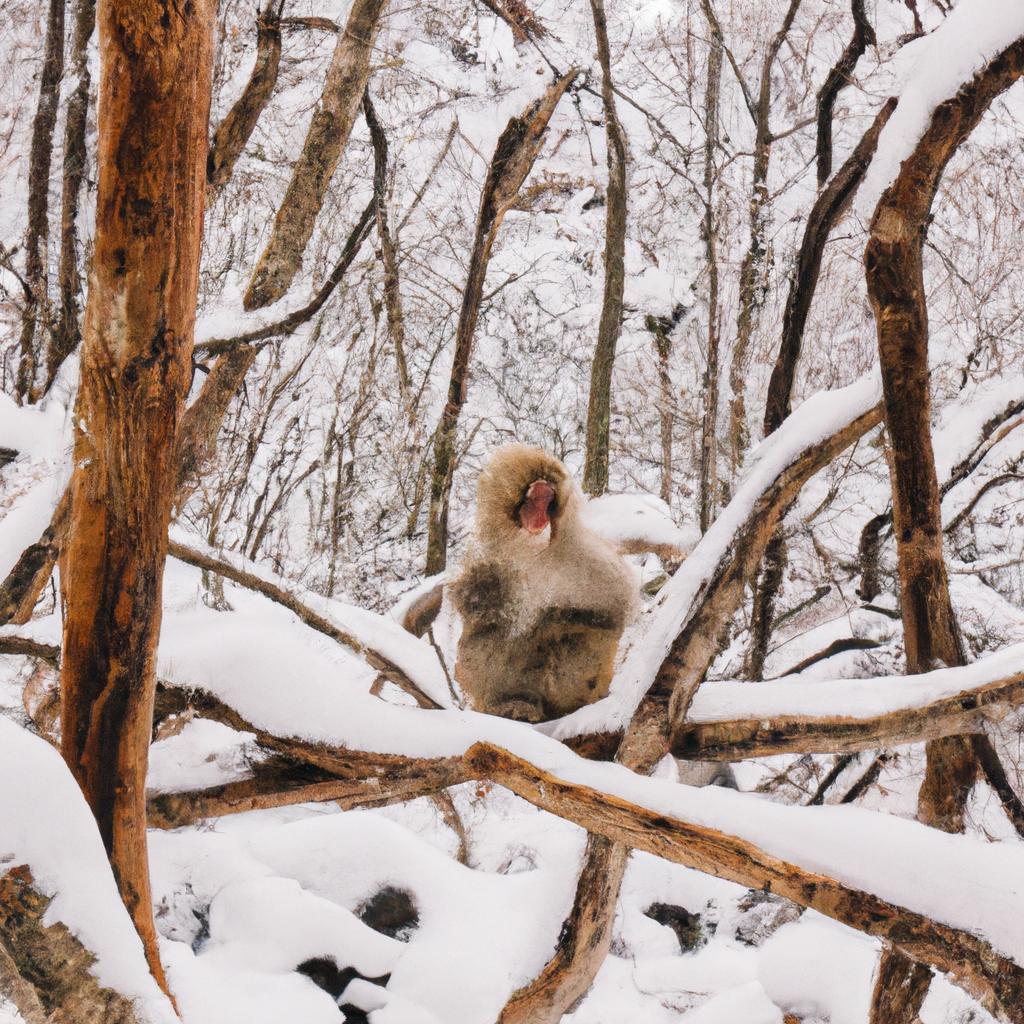A snow monkey enjoying the snowy scenery in Nagano