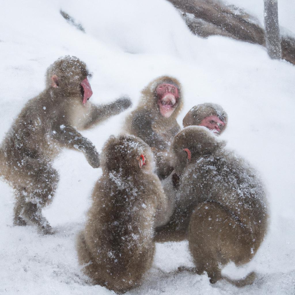 Snow monkeys playing in the snow in Hokkaido