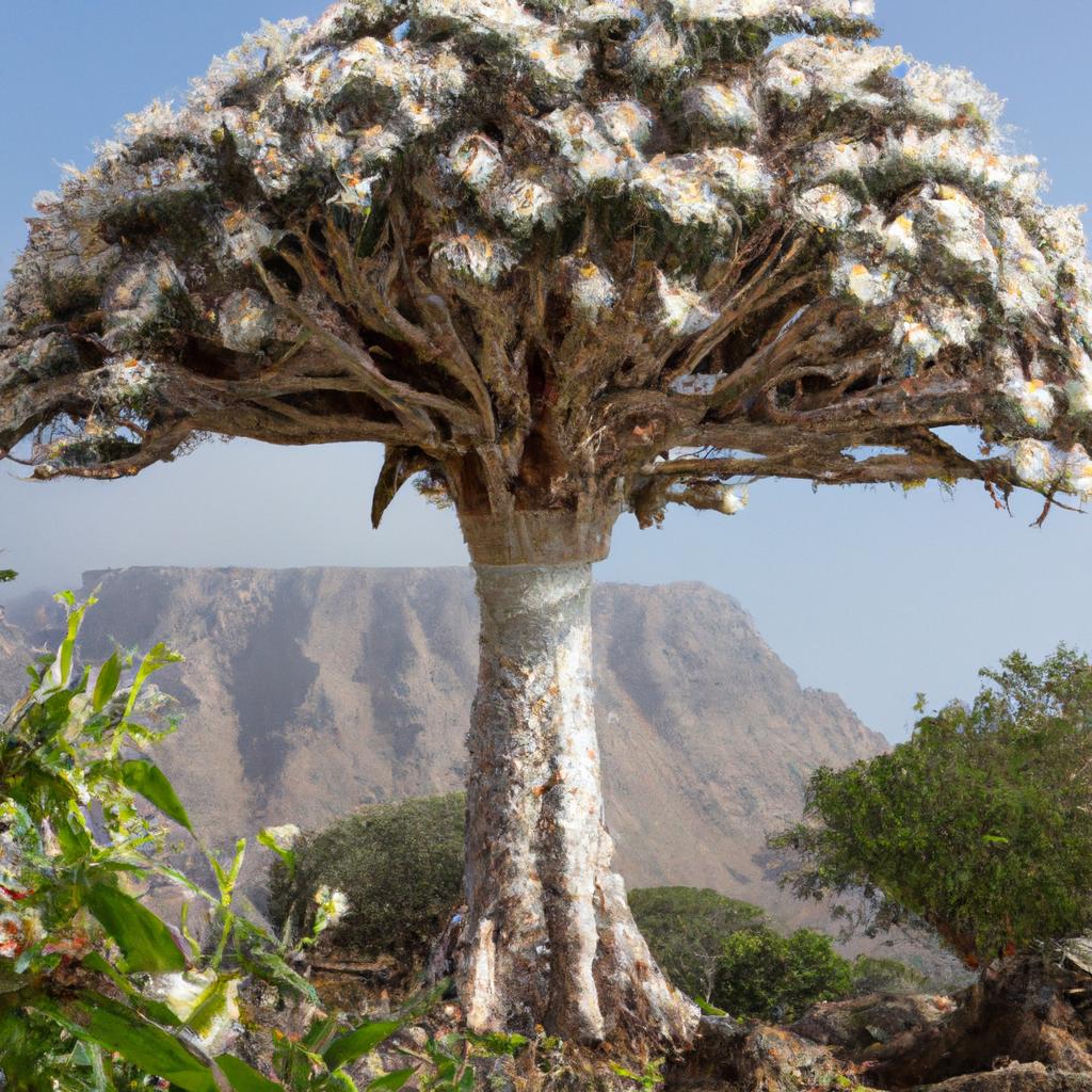 The Socotra dragon tree produces small, white flowers that bloom in the spring.