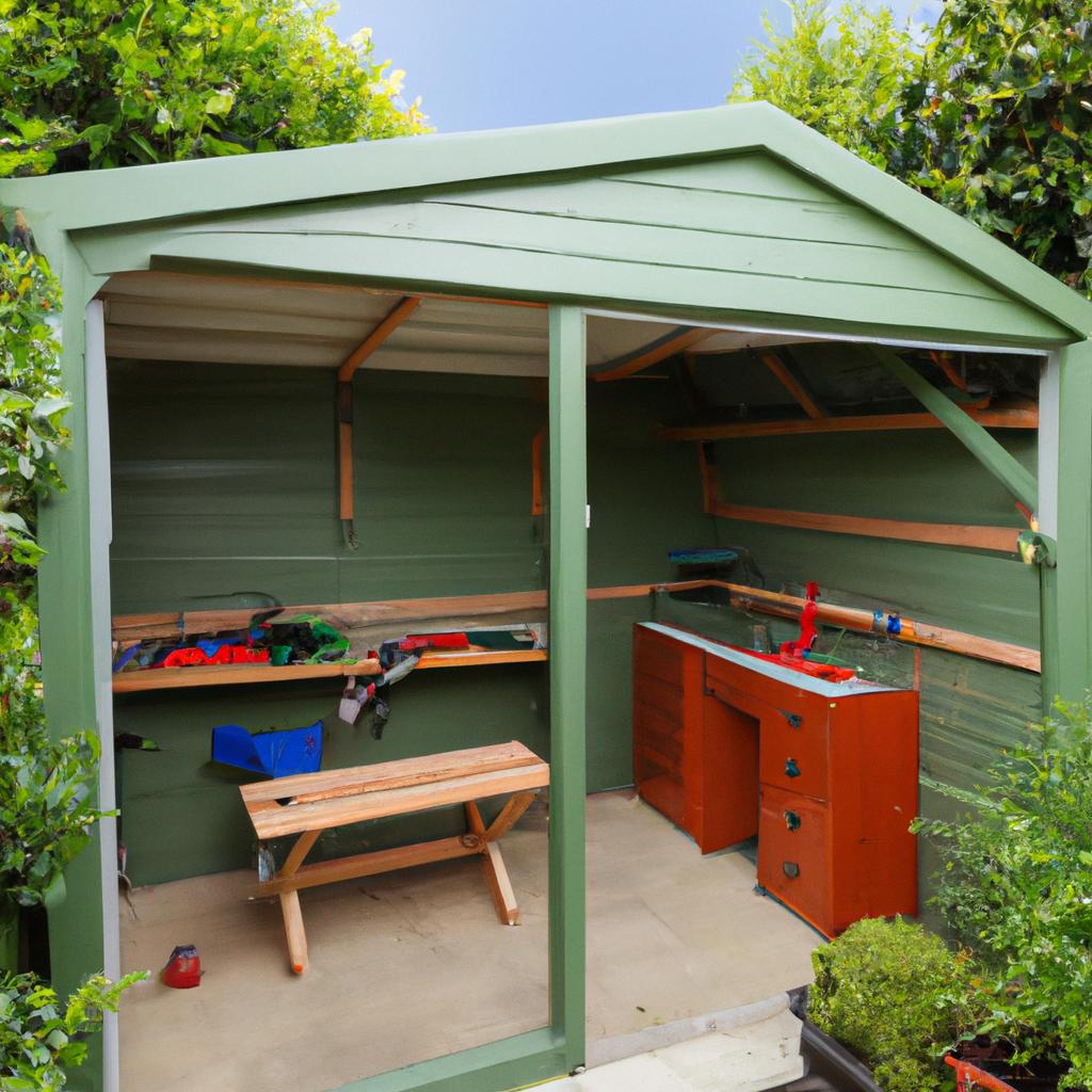 A functional garden workshop with ample storage space