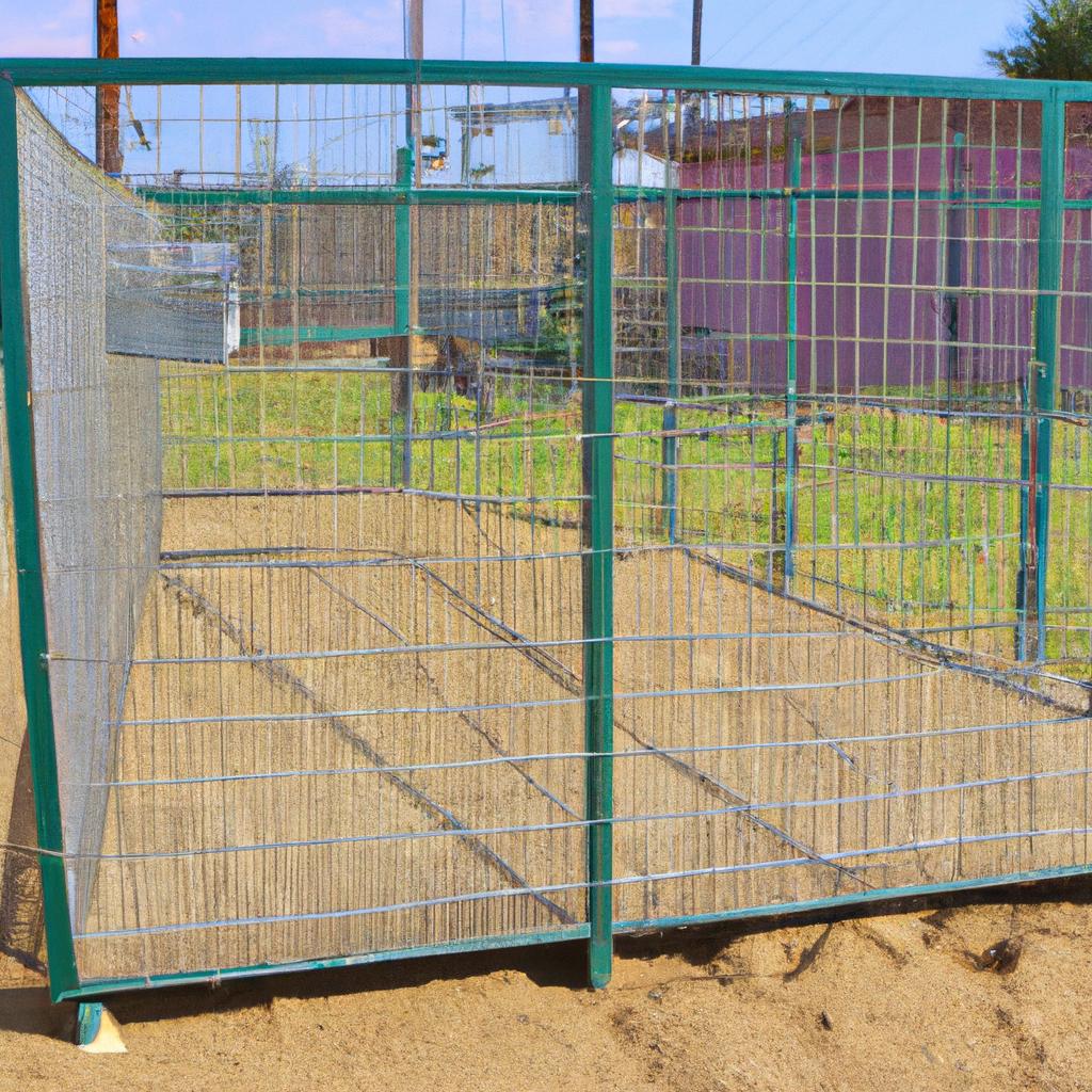 A large dog running freely in a spacious outdoor enclosure with a metal frame and a mesh wire fence.