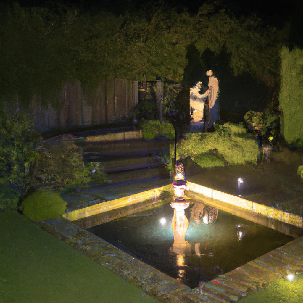 Spotlights add drama and visual interest to this garden's focal point