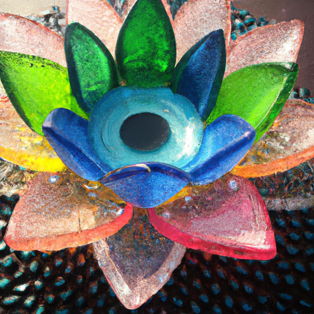 A mesmerizing stained glass window featuring a lotus flower shape, adding a pop of color to any room