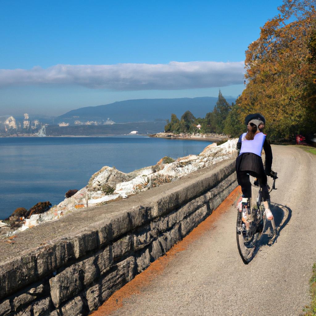 Cycling on Stanley Park Seawall with a view of Burrard Inlet