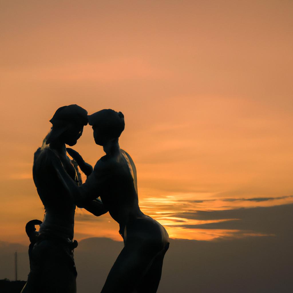 The warm hues of the setting sun create a romantic atmosphere around the Statue of Love