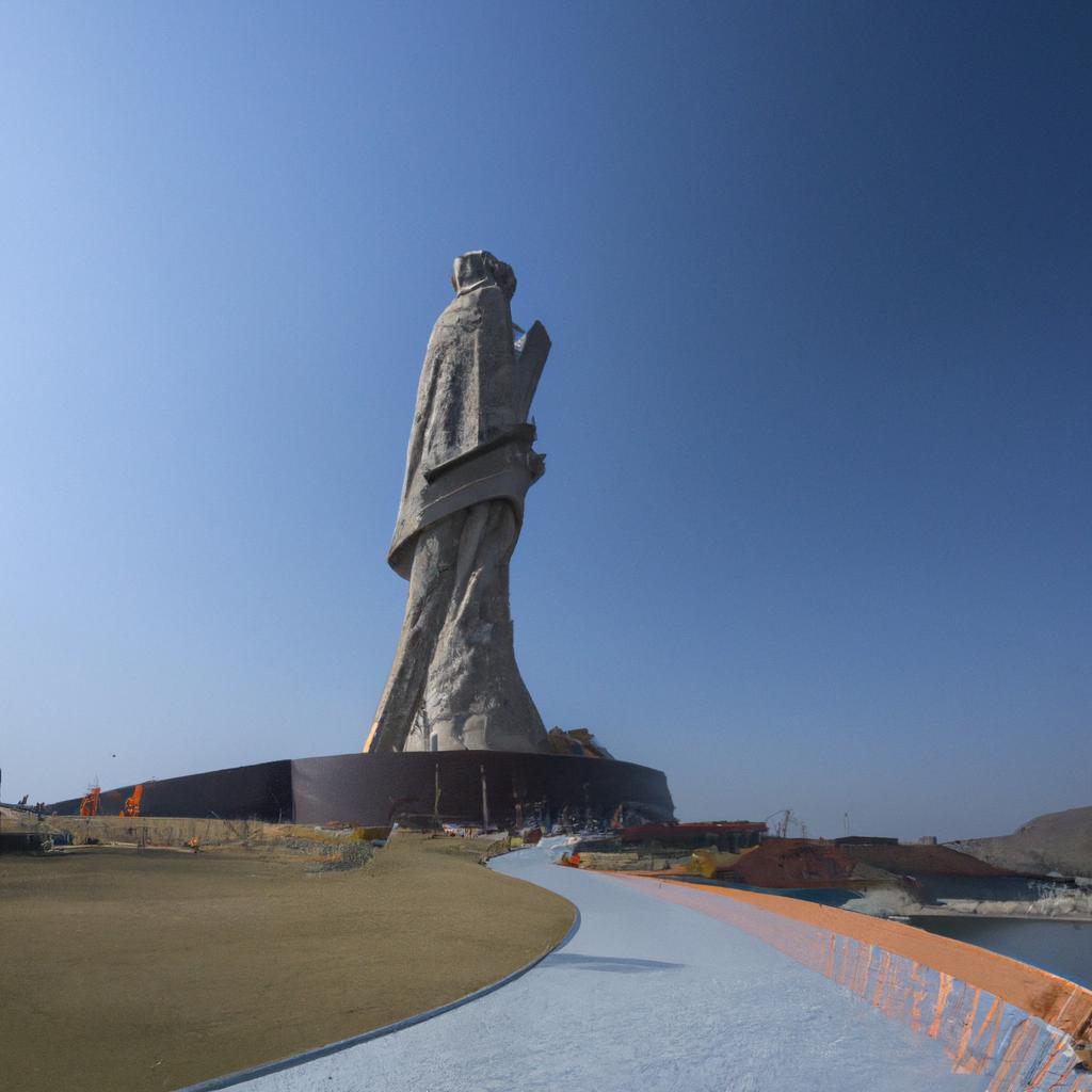 The magnificent Statue of Unity in India stands tall amidst the serene surroundings of the Narmada River and Vindhyachal mountain range.