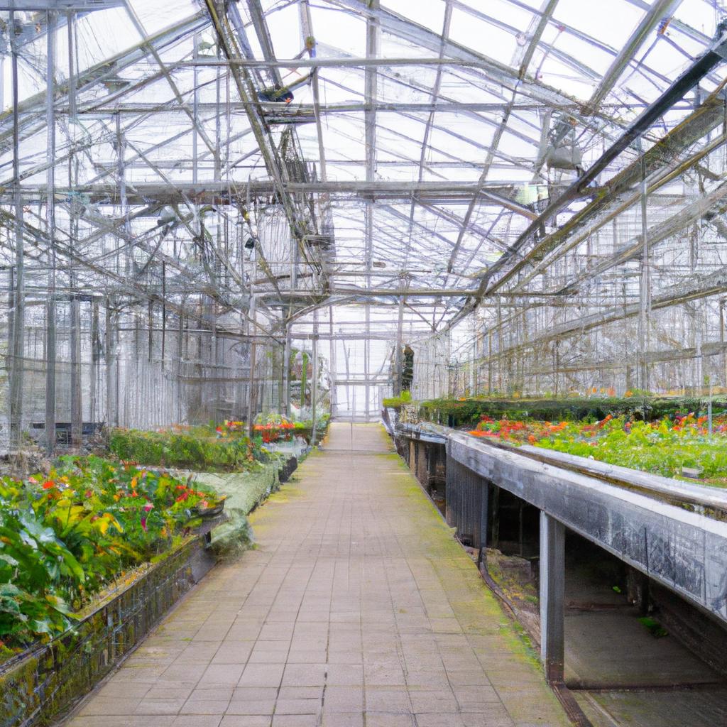 A stunning greenhouse with rows of potted plants and natural lighting