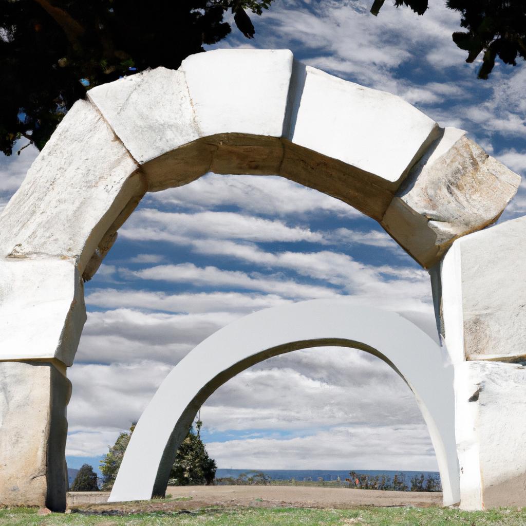 The stone archway sculpture at Gibbs Farm provides a unique perspective on the surrounding landscape.