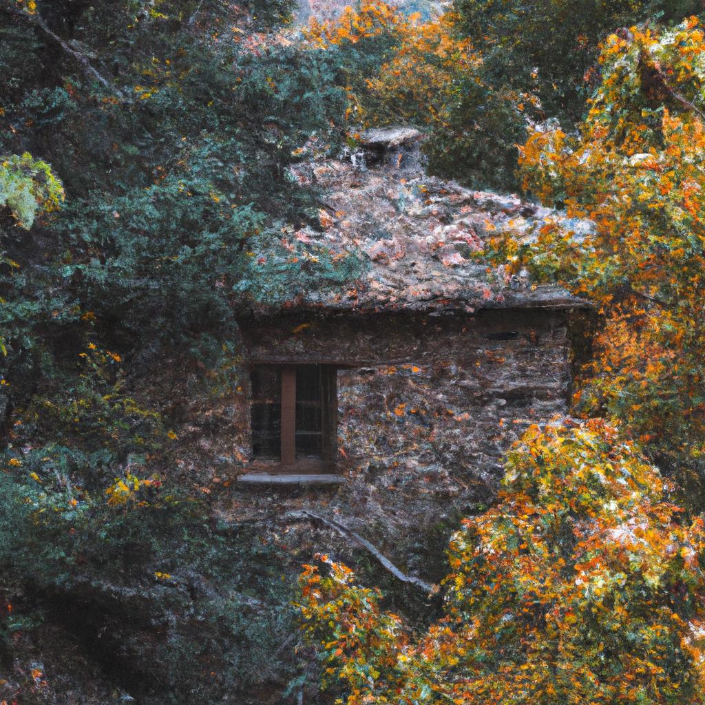 The fall foliage adds a beautiful touch to this charming stone house.