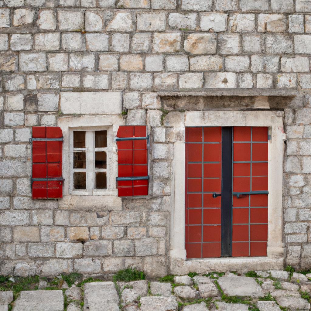The red accents on this stone house create a welcoming and cozy vibe.