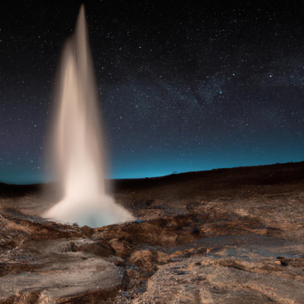 The Strokkur Geyser, situated in a remote area with minimal light pollution, serves as an idyllic spot for stargazing and astrophotography.