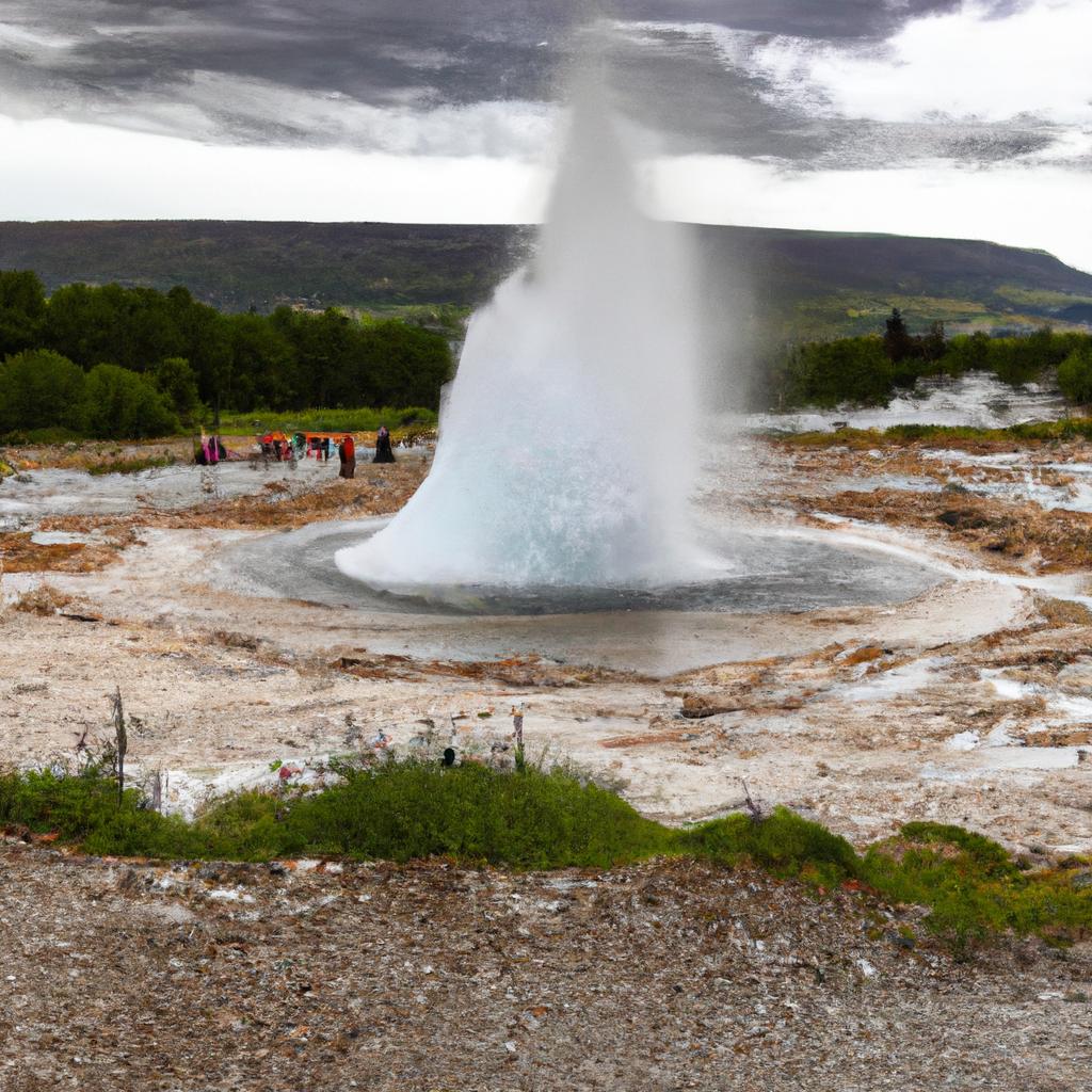 The Strokkur Geyser is located in the geothermal area of Haukadalur, which is home to numerous hot springs and fumaroles.