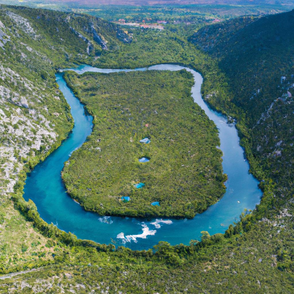 Aerial shot of River Cetina flowing through the heart of Croatia.