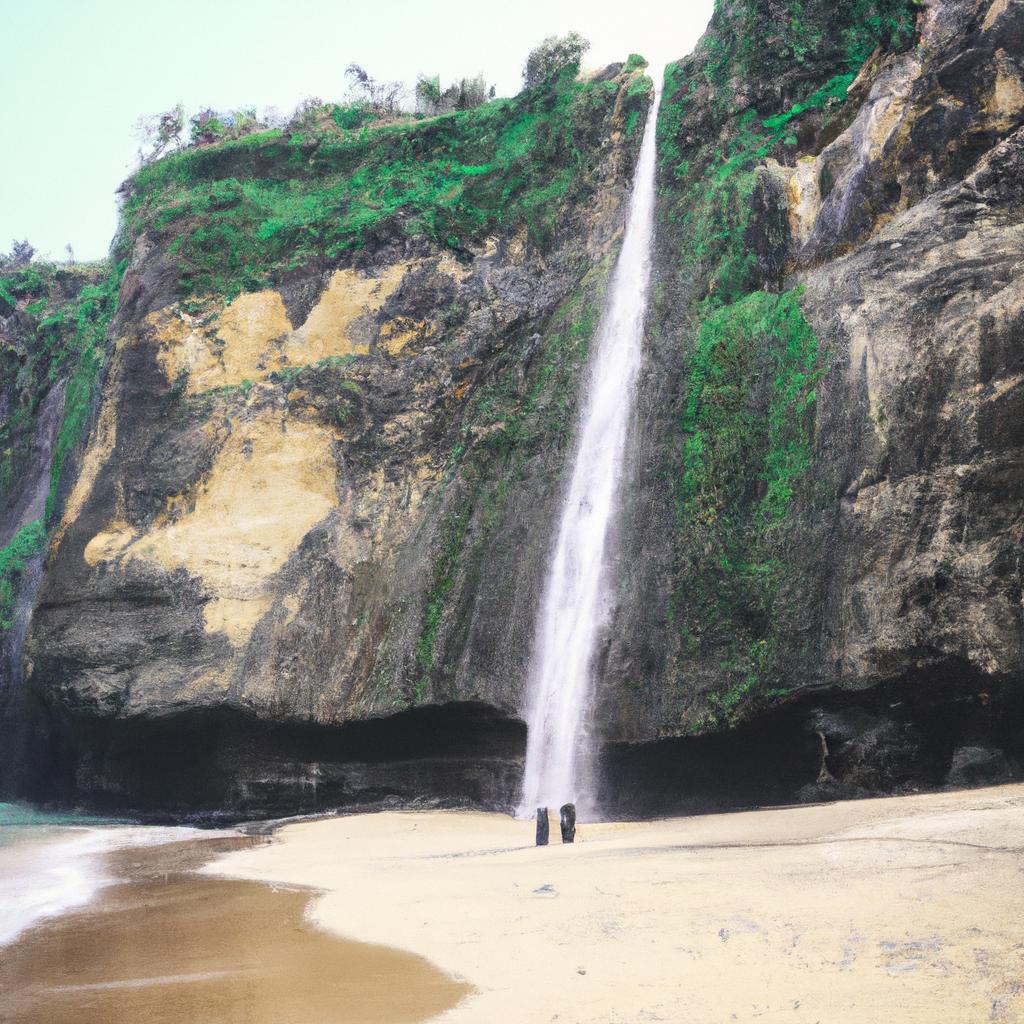 Journey through a hidden cave to find a beach with a natural waterfall.