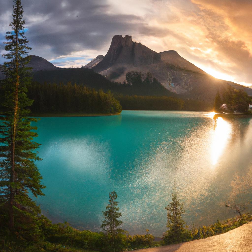 The lake offers breathtaking views of the sunset against the beautiful mountains.