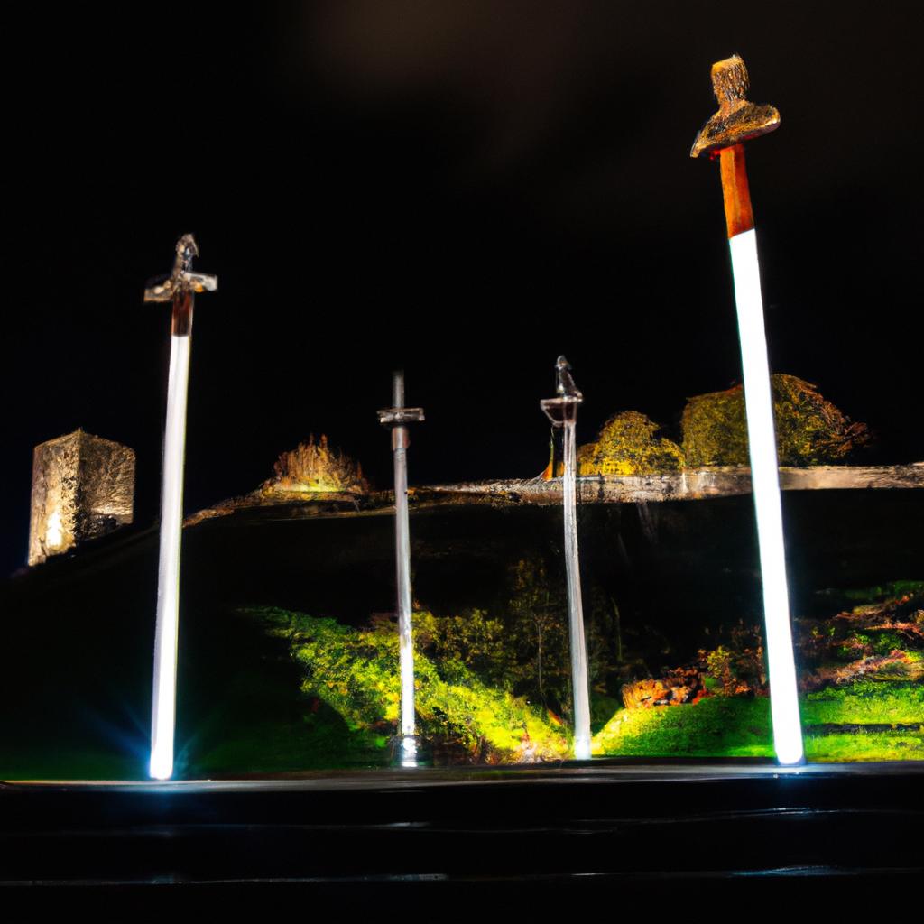 The illuminated Swords of Stavanger at night