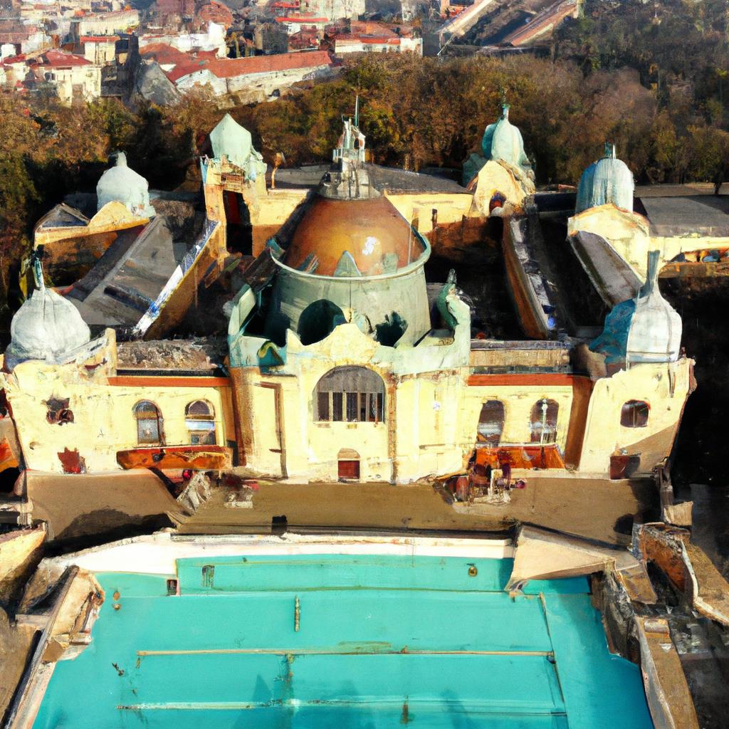 The aerial view of the Szechenyi Baths shows the grandeur of the complex.