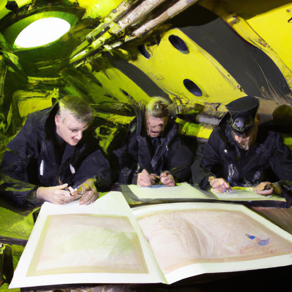 A submarine crew analyzing the data gathered from submarine atlas to plan their next move.