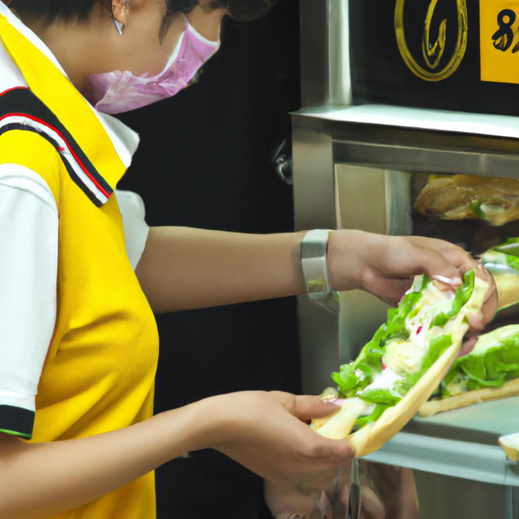 A Subway employee in China preparing a fresh sandwich for a customer.