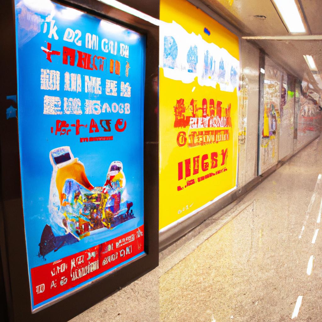 A Subway promotional poster in a busy subway station in China, showcasing their latest sandwich offerings.