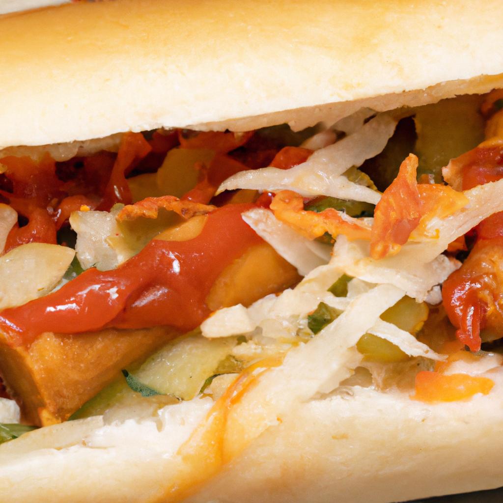 A close-up of a Subway sandwich with Chinese-style toppings in China
