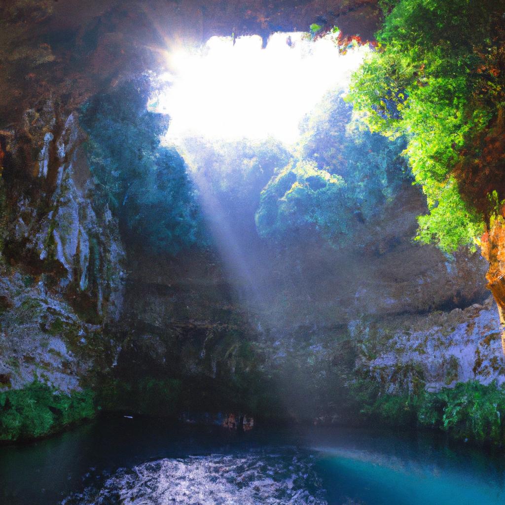 The sun's rays create a magical effect on the turquoise waters of Melissani Lake