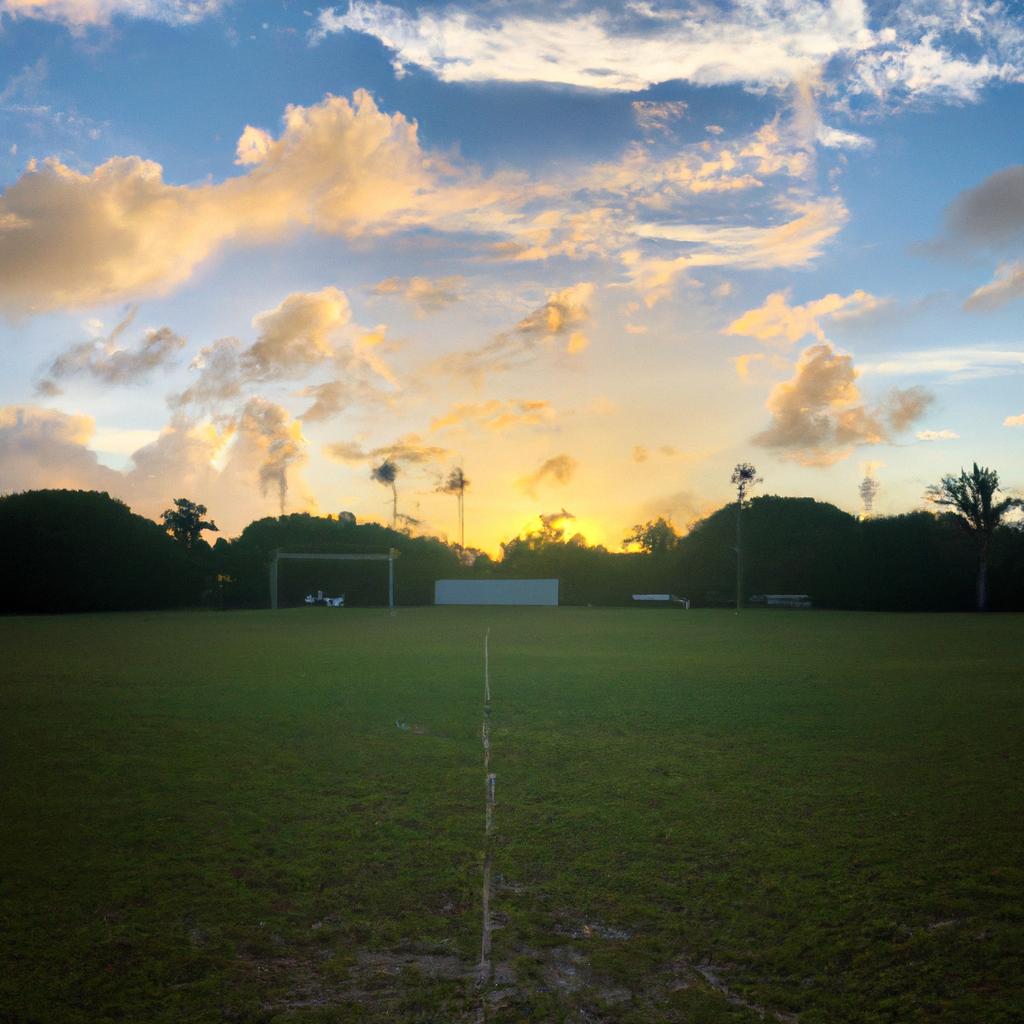 The sun sets behind the island soccer field, casting a warm glow on the players and the surroundings