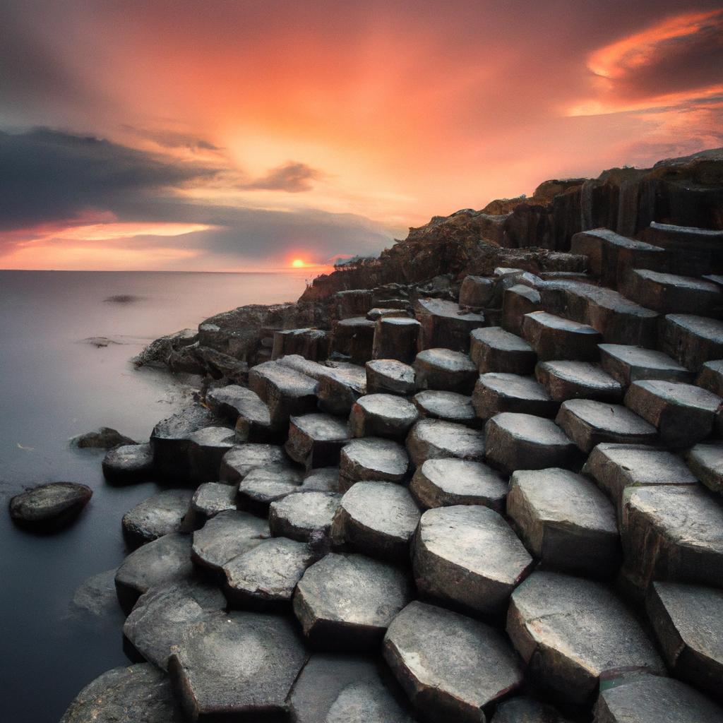 A stunning sunset behind the hexagonal rocks in Ireland, creating a breathtaking view