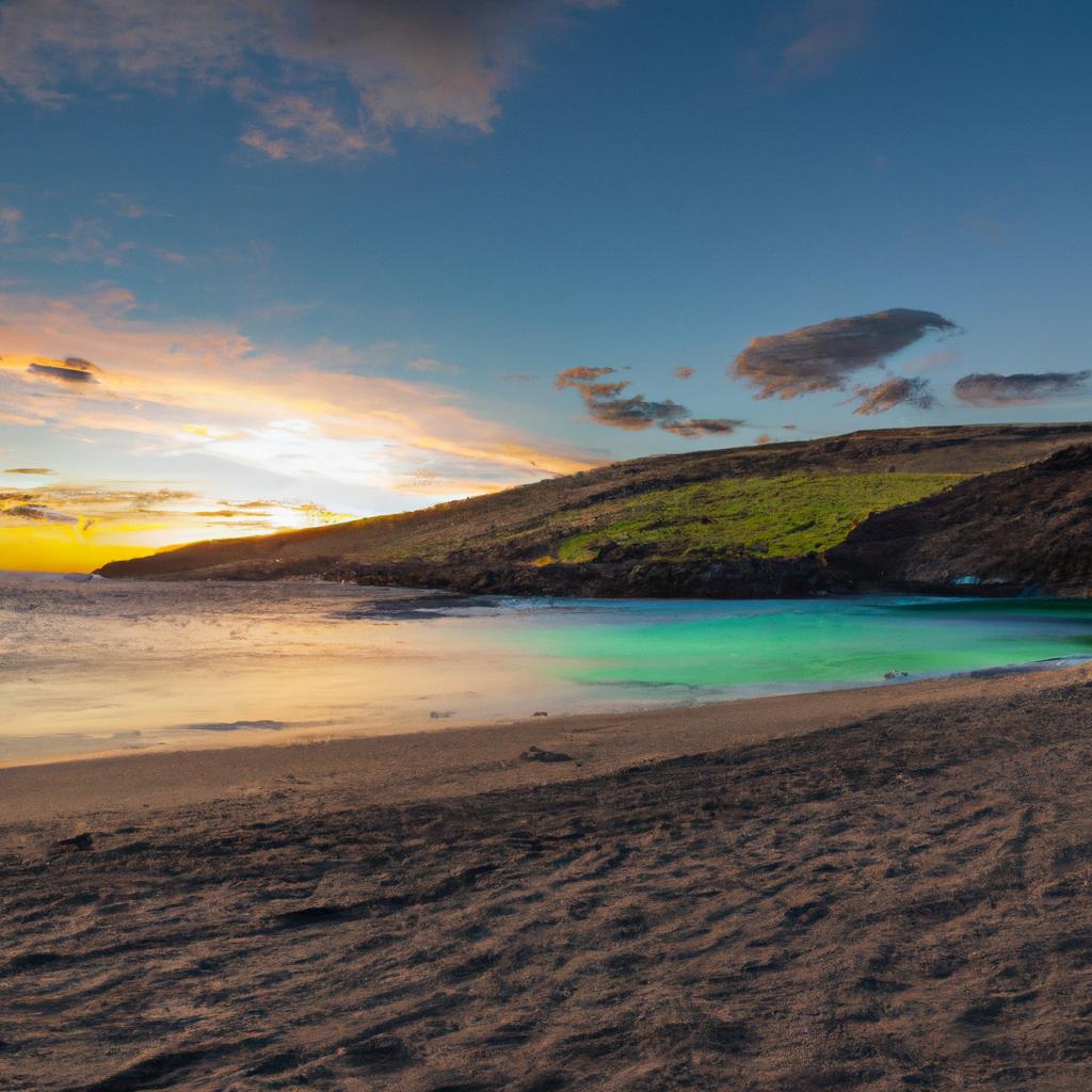 The picturesque sunset over [location]'s green sand beach.