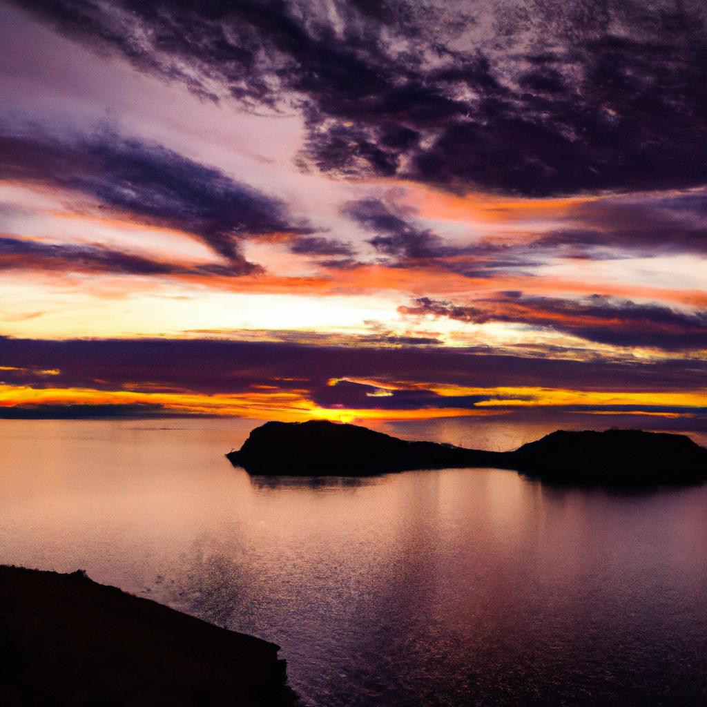 As the sun sets over Lago Titicaca, the sky is painted in hues of pink, orange, and gold, creating a breathtaking spectacle.