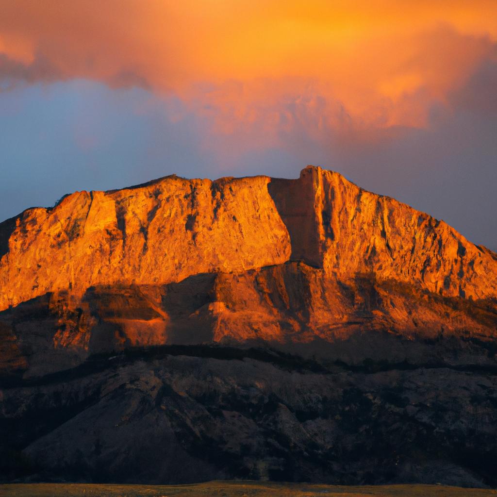 The stunning sunset casting an orange glow over Devils Mountain Wyoming.