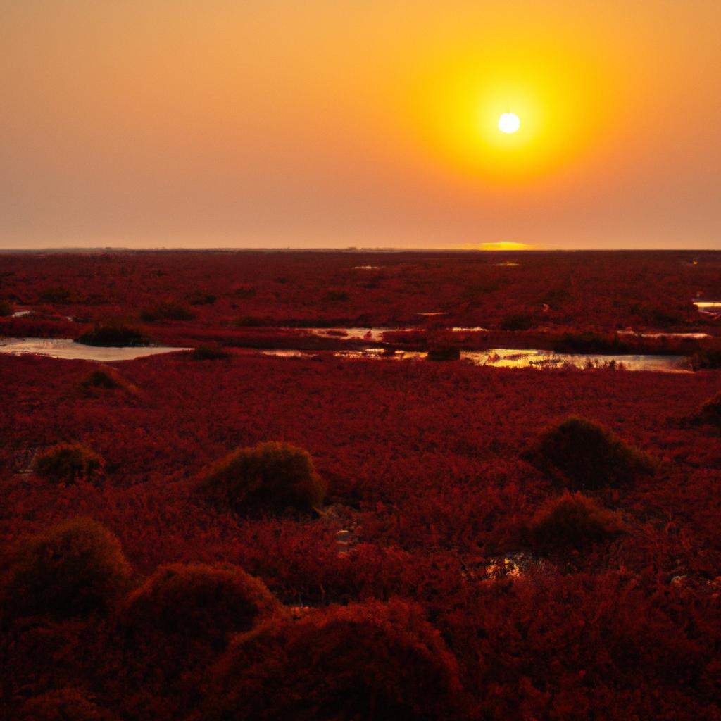 Stunning sunset over the red seaweed and wetland at Panjin Red Beach.