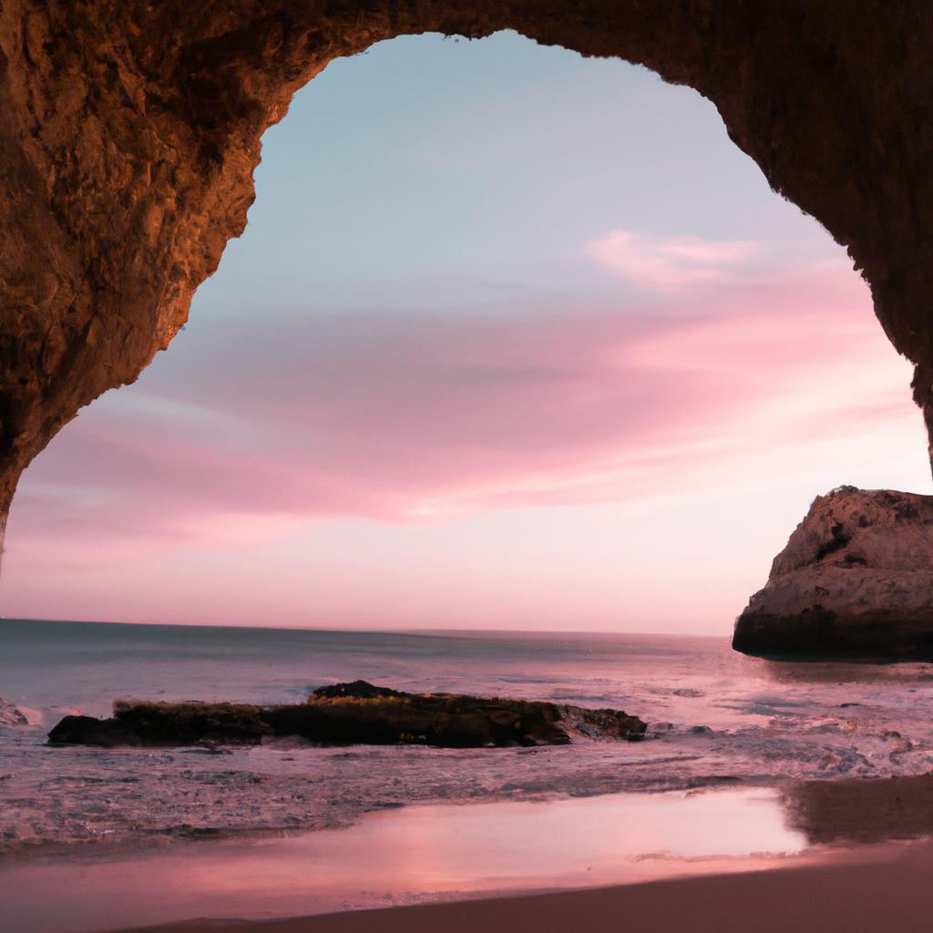 Mesmerizing sunset view of Praia da Rocha Beach Cave.