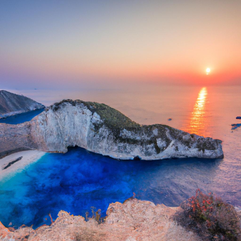 The sunset at Zakynthos Shipwreck Beach is a sight to behold, with vibrant colors painting the sky.
