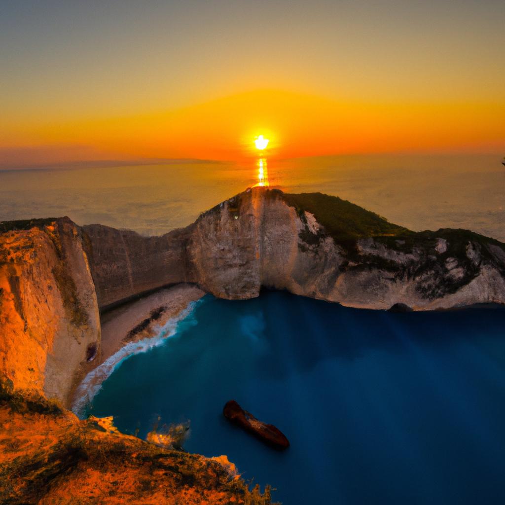 The stunning sunset on Zante Shipwreck Island is a perfect way to end a day of exploring the island's natural beauty and attractions.