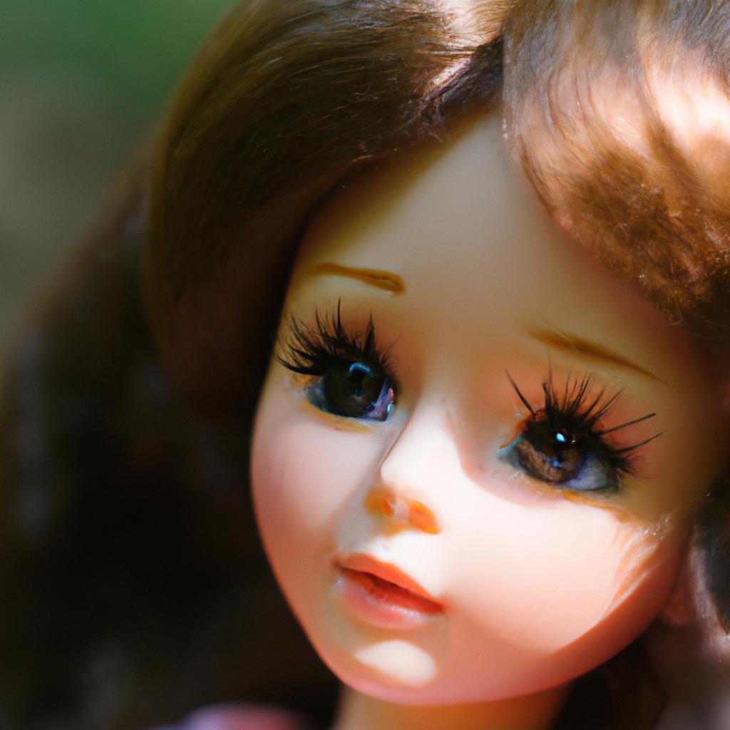 A surreal image of a doll's face amidst the trees in the forest of dolls