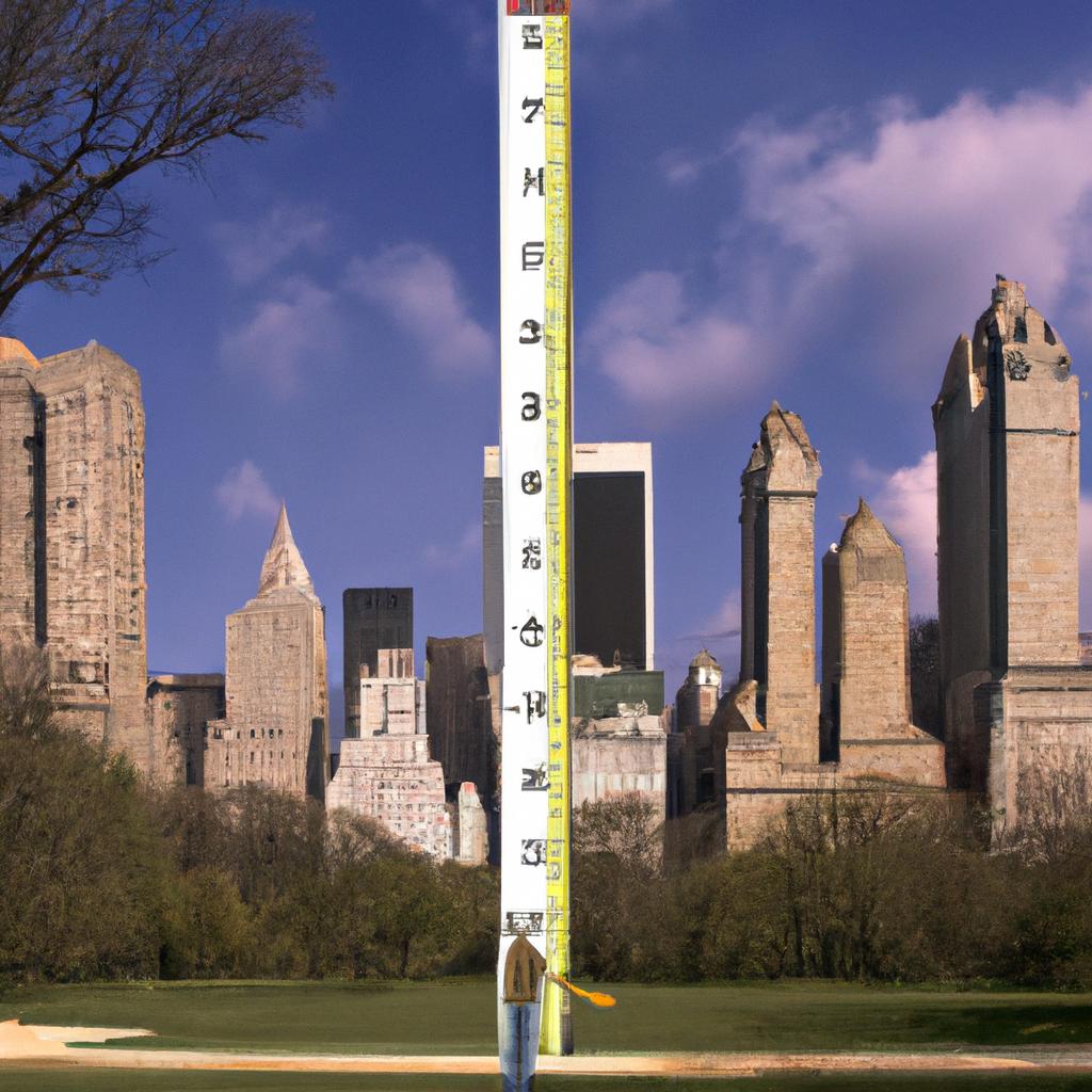 A surreal image of a giant ruler measuring Central Park's width created by DALL-E
