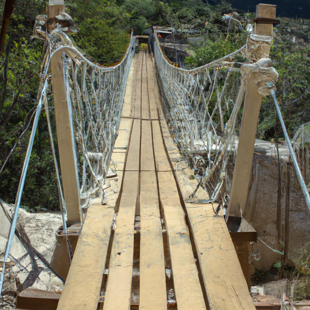 This suspension bridge, held up by ropes and wooden planks, allows travelers to cross a deep canyon with ease.