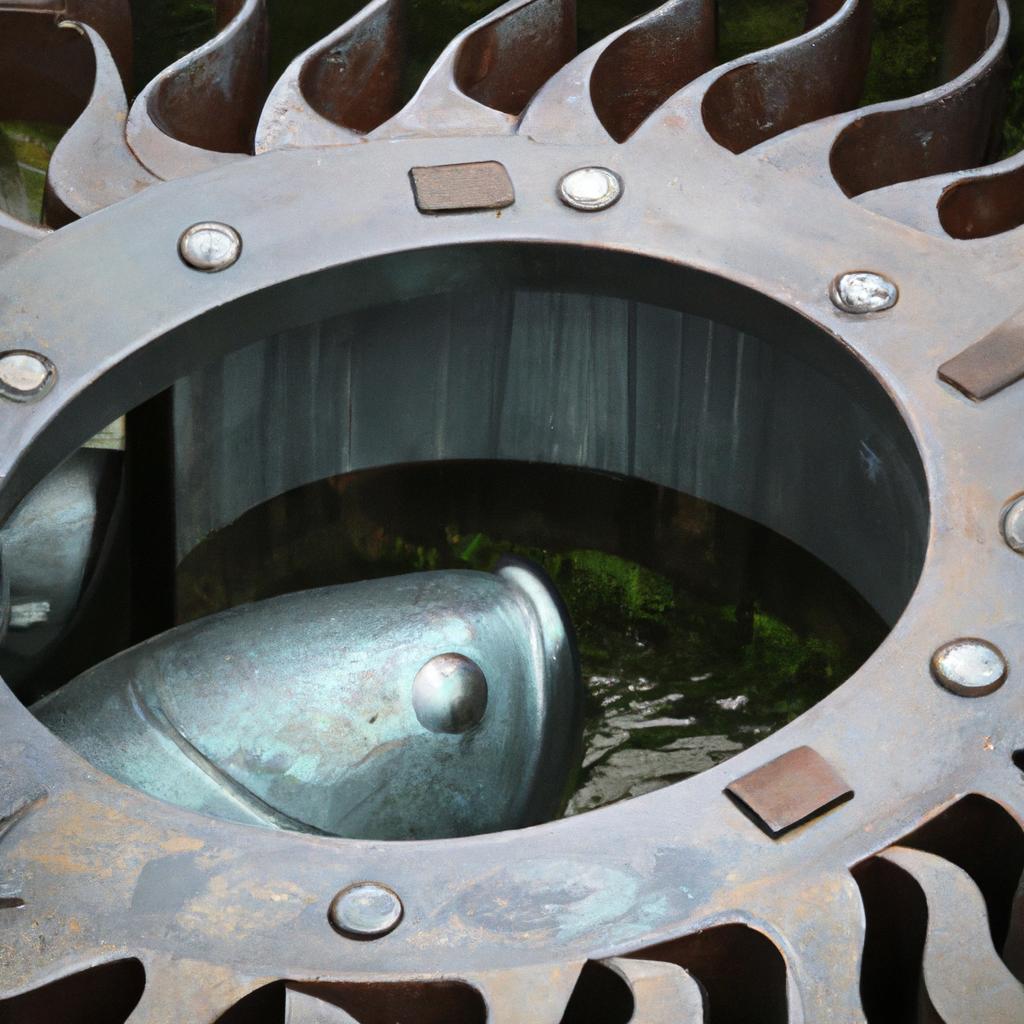 A hydraulic-powered moving fish statue that imitates swimming