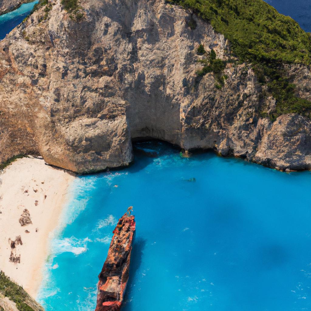 The crystal-clear waters of Zakynthos Shipwreck Bay are perfect for swimming and snorkeling.