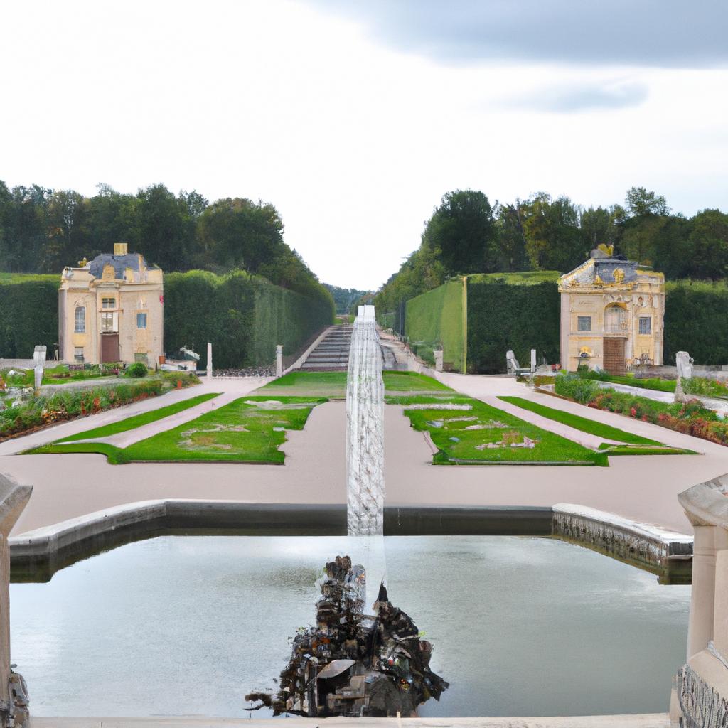 This grand Baroque garden architecture design features intricate symmetrical designs and elaborate fountains that are sure to impress