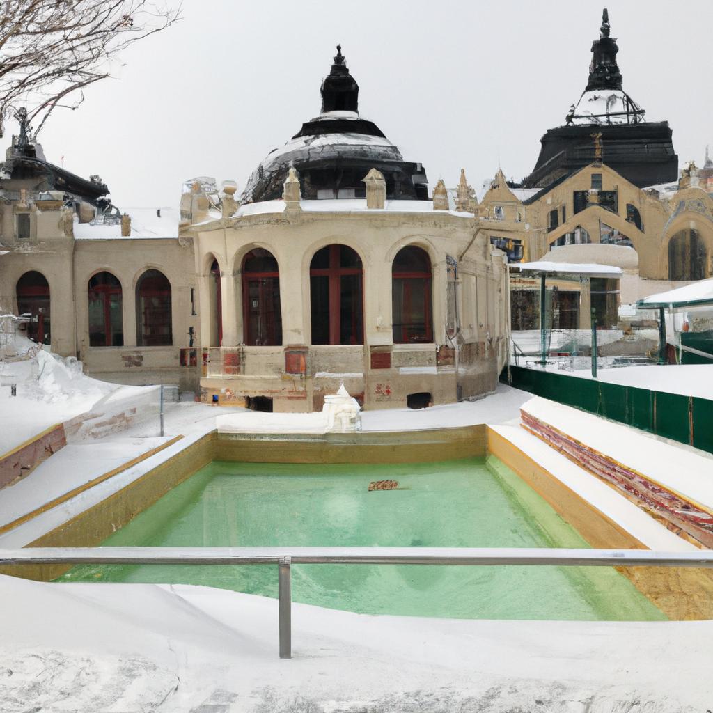 The outdoor pool at Szchenyi Thermal Bath in the winter.