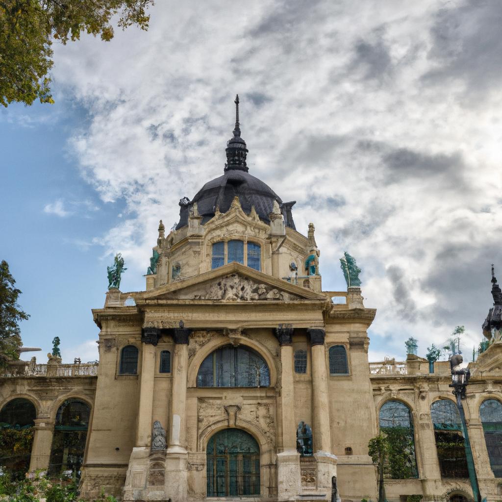 The yellow neo-baroque building of the Szechenyi Baths is a landmark in Budapest.