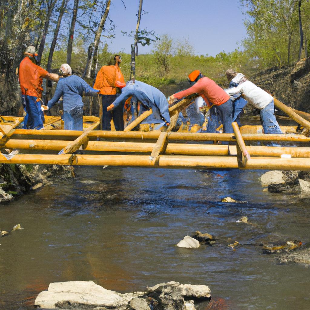 Teamwork in action as a group of people raise a wooden beam into place for a hand-built bridge.