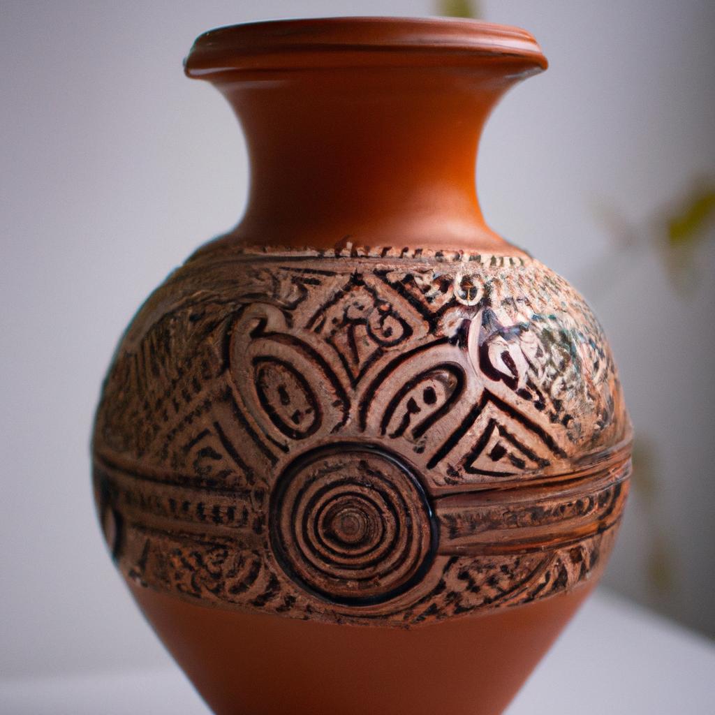 This beautiful terracota vase is adorned with intricate patterns and is perfect for displaying fresh flowers