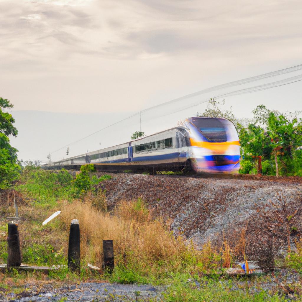 A modern high-speed train travels through the picturesque Thai countryside.