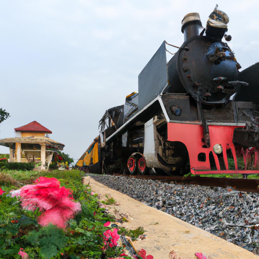 A vintage steam engine sits at the platform of a traditional Thai train station.