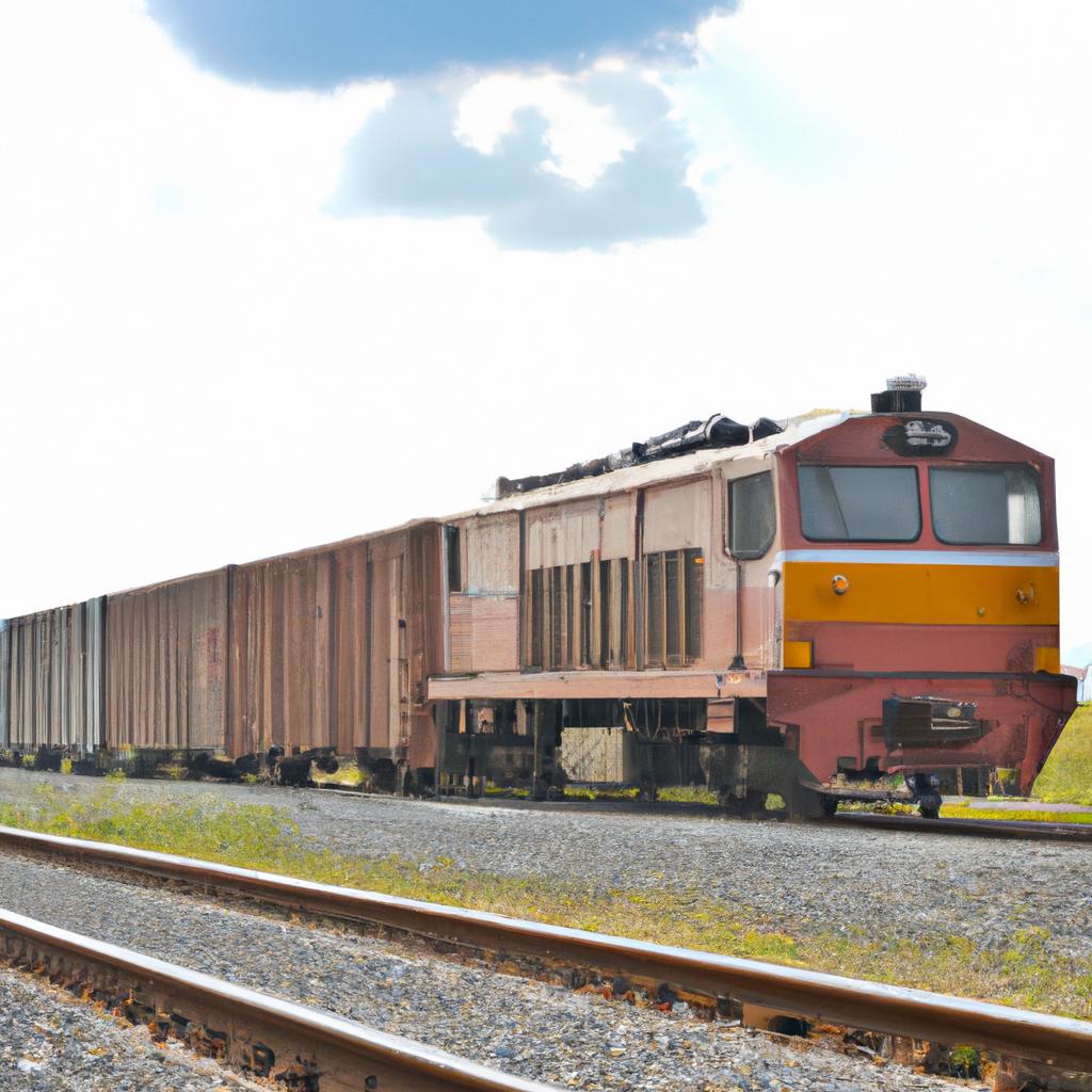 A cargo train loaded with goods moving through the countryside of Thailand