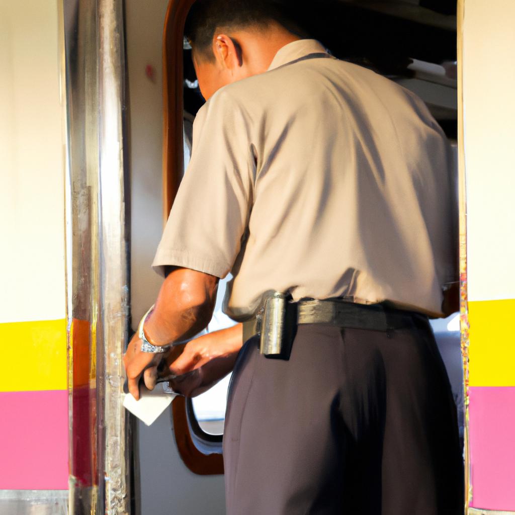 A train conductor checking tickets on board a train in Thailand
